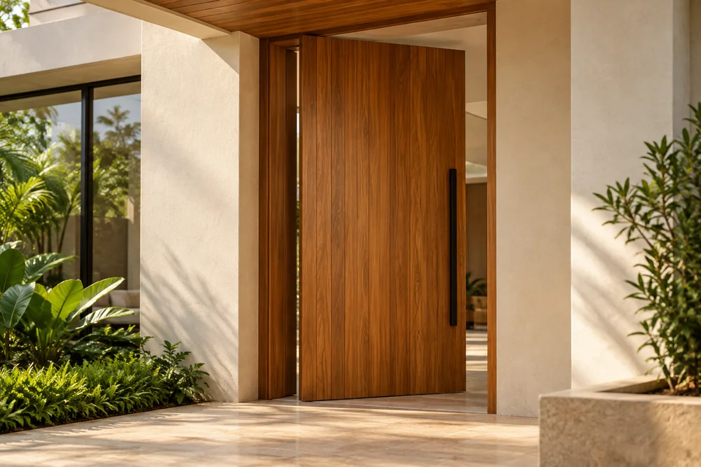 Porta pivotante de madeira em entrada residencial